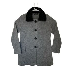Maria Sole Women M Sweater Jacket Faux Fur Collar Wool Blend  Made In Italy Gray